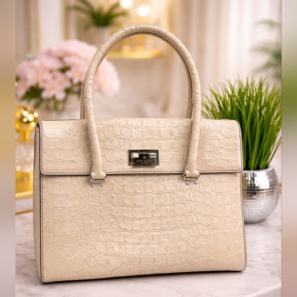 KATE SPADE ORCHARD IVORY VALLEY CROC GENUINE‎ LEATHER FLAP SATCHEL SHOULDER BAG